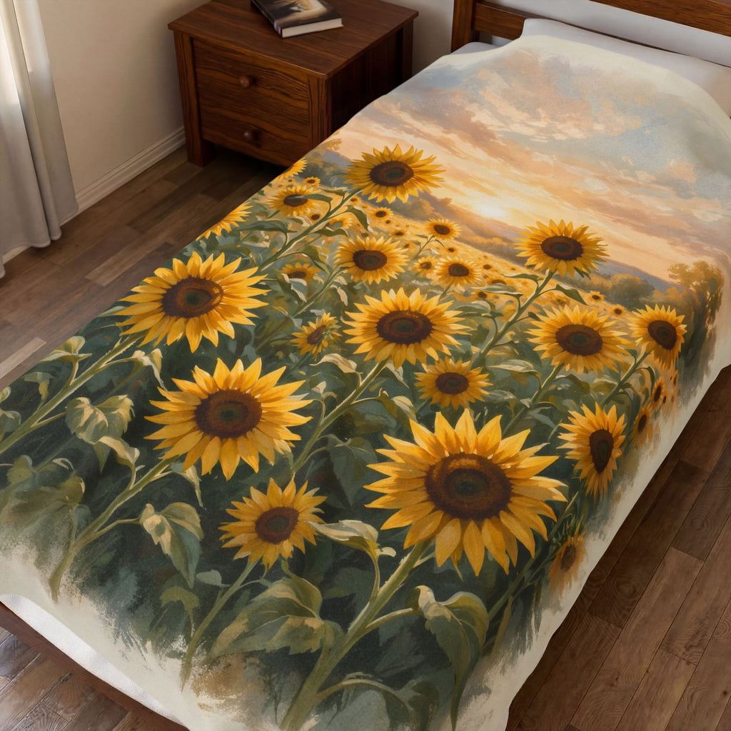 Sunflower Field at Sunset Velveteen Plush Blanket