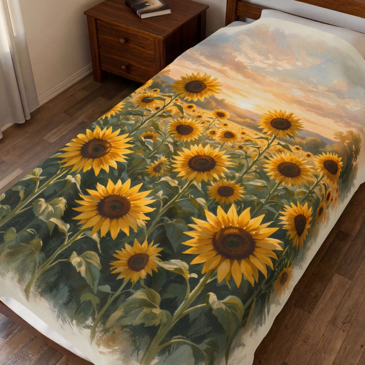 Sunflower Field at Sunset Velveteen Plush Blanket