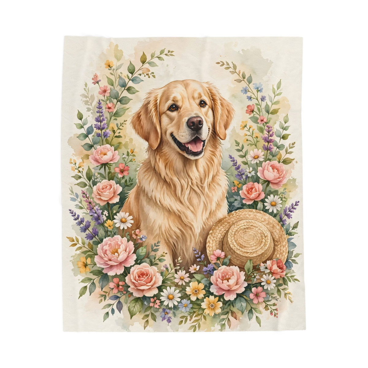 Golden Retriever in the Garden Velveteen Plush Blanket