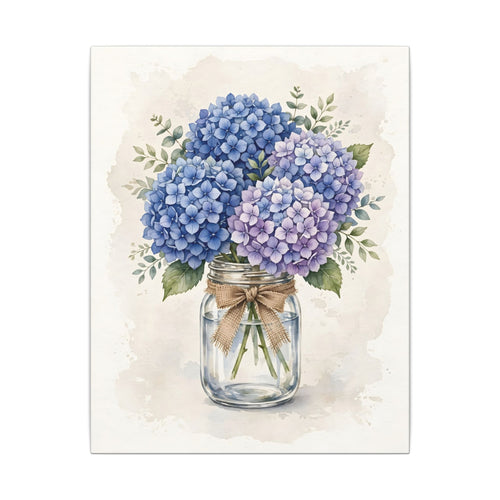 Blue Hydrangeas in a Mason Jar Canvas Wall Art – Style 2