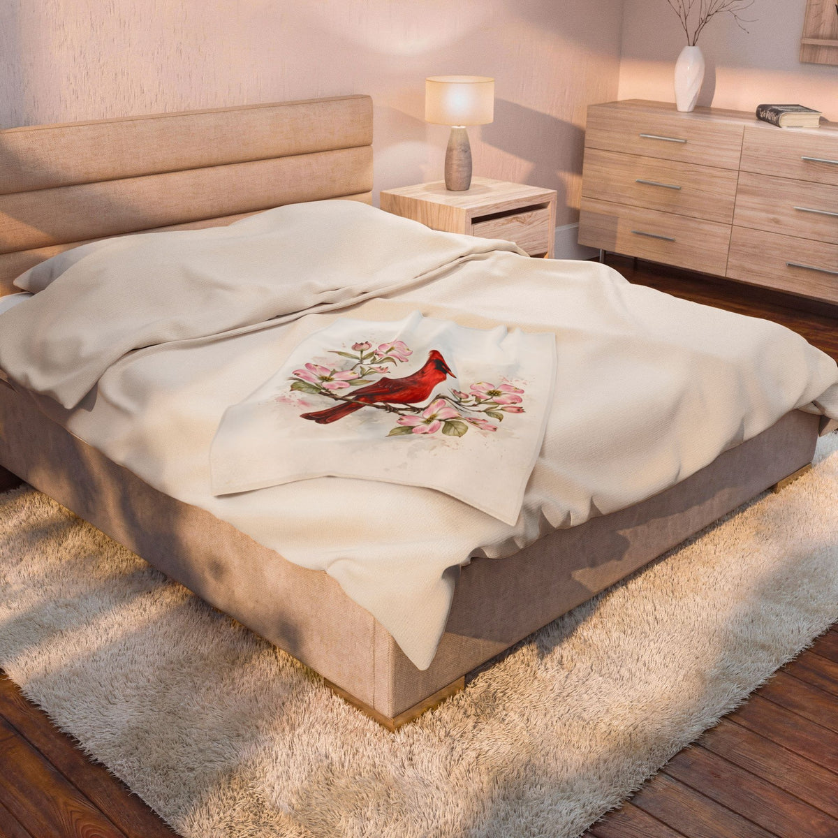 Cardinal on a Spring Branch Velveteen Plush Blanket