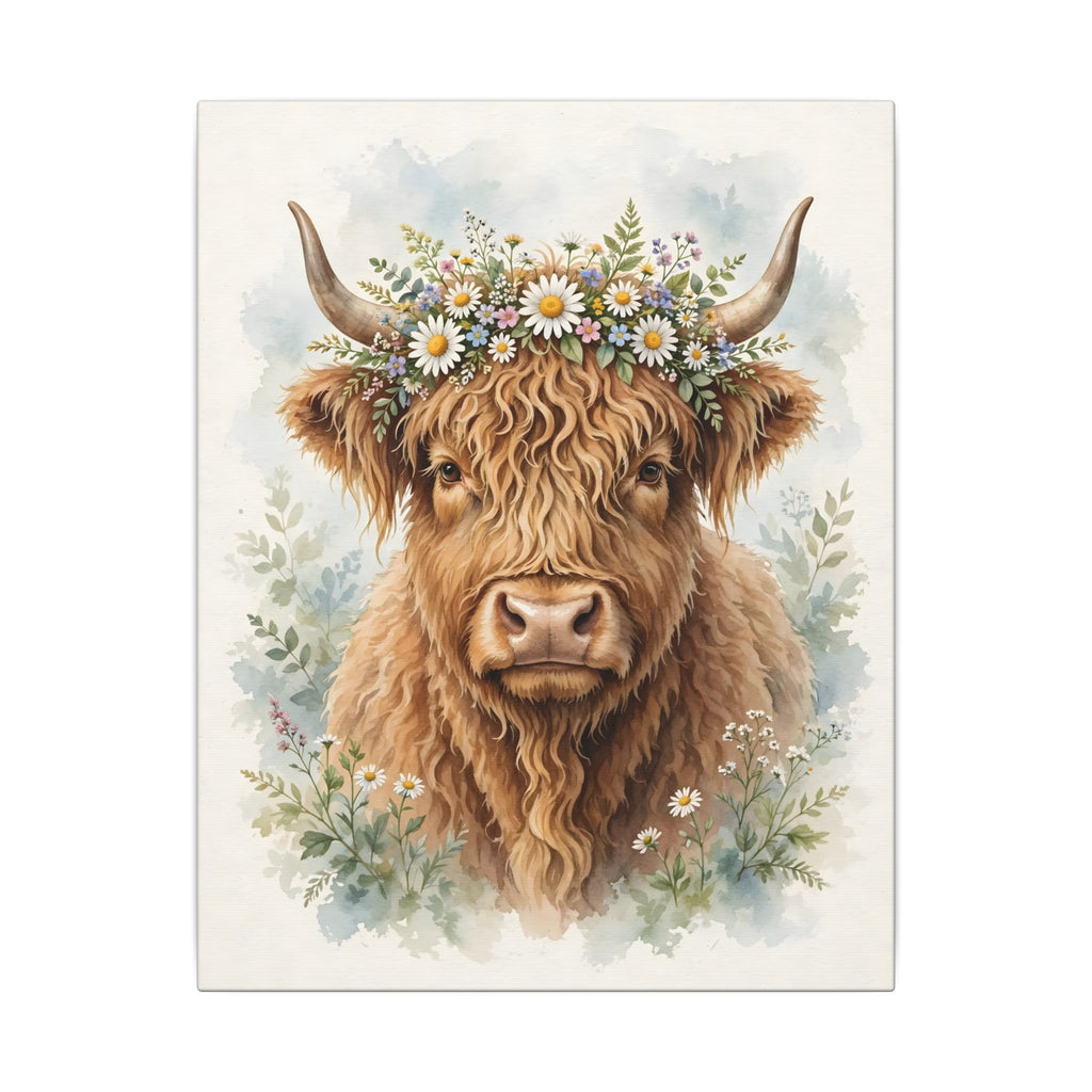 Highland Cow with Flower Crown Canvas Wall Art – Style 2