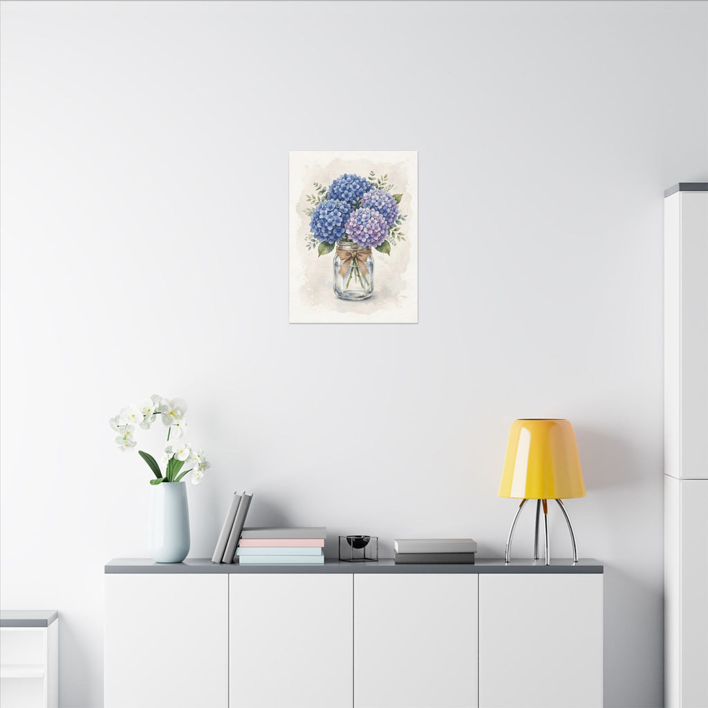 Blue Hydrangeas in a Mason Jar Canvas Wall Art – Style 2