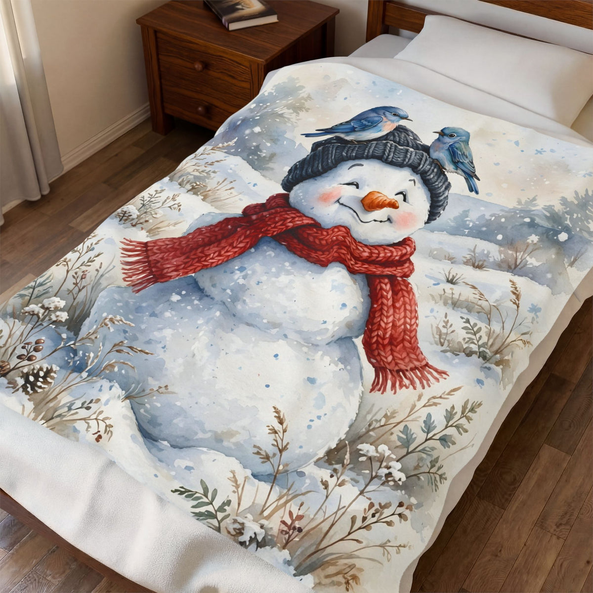 Winter Snowman and Bluebirds Velveteen Plush Blanket