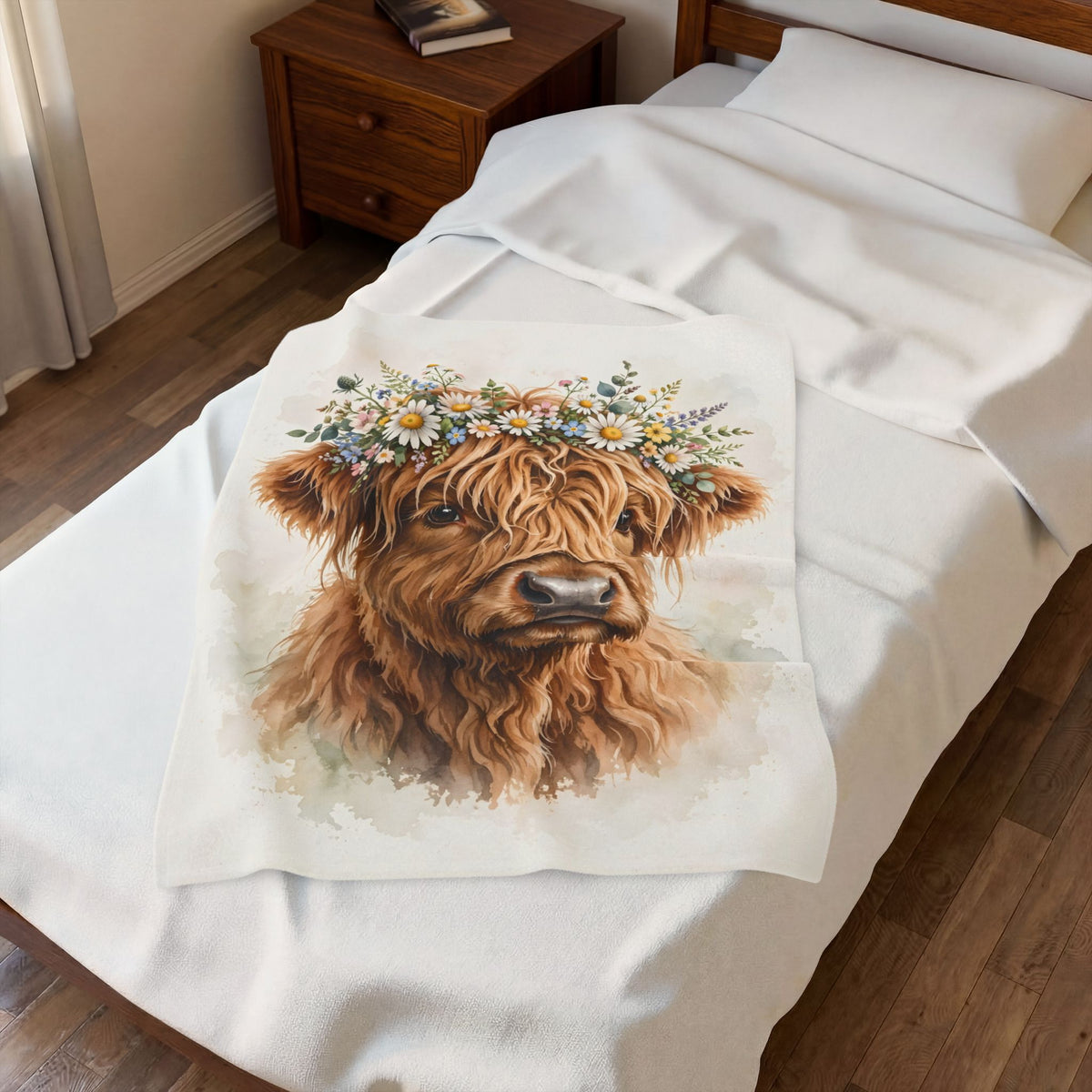 Highland Cow with Flower Crown Velveteen Plush Blanket