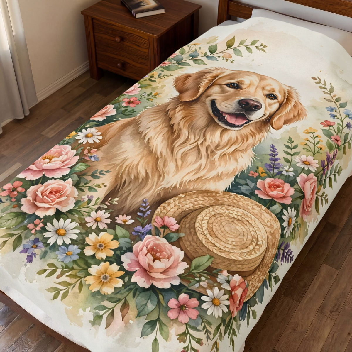 Golden Retriever in the Garden Velveteen Plush Blanket