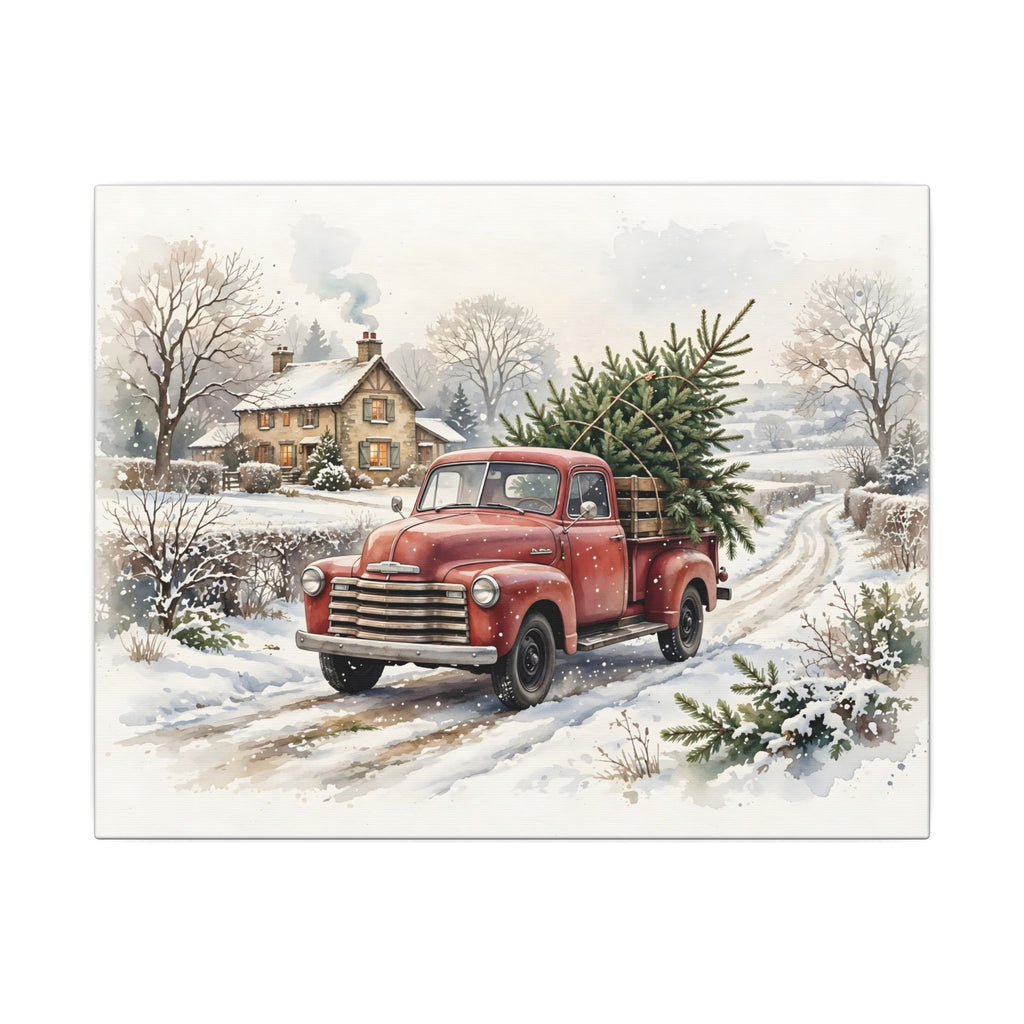 Vintage Red Truck with Christmas Tree Canvas Wall Art – Style 2