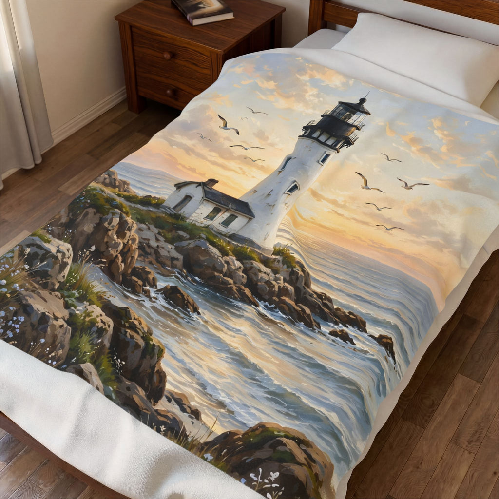 Lighthouse at Golden Hour Velveteen Plush Blanket