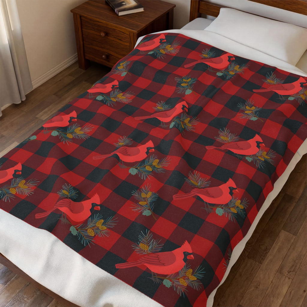 Cardinals and Buffalo Plaid Pattern Velveteen Plush Blanket
