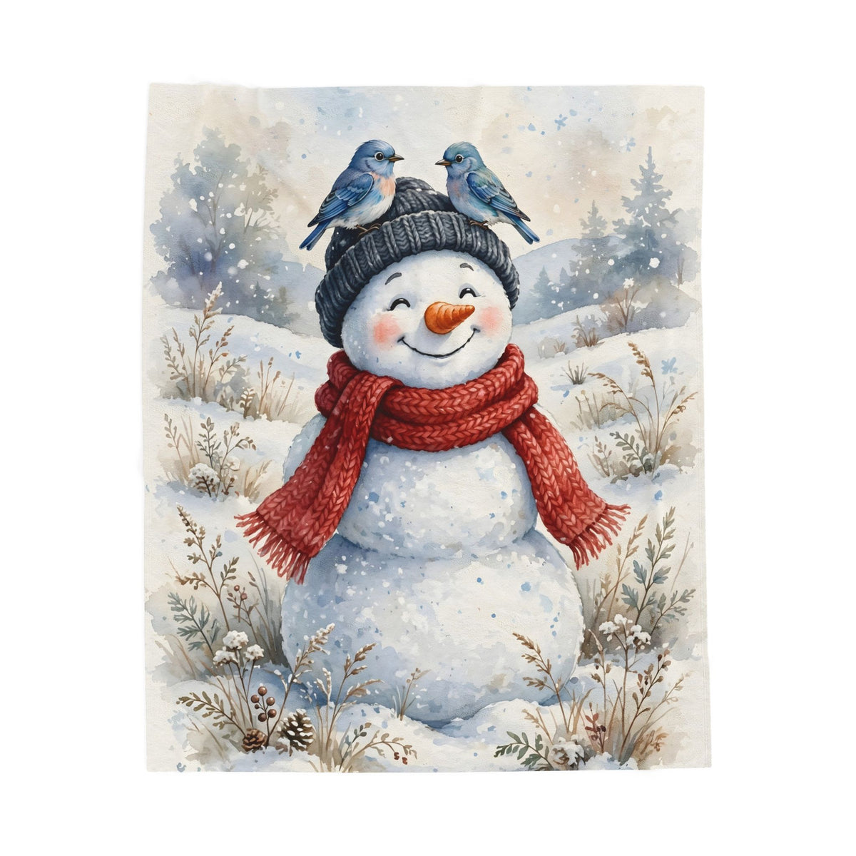 Winter Snowman and Bluebirds Velveteen Plush Blanket