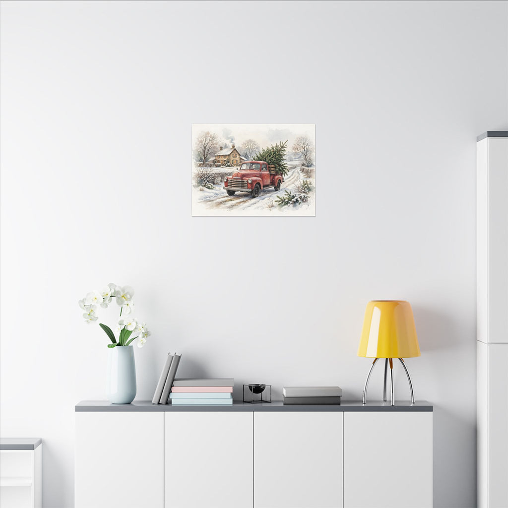 Vintage Red Truck with Christmas Tree Canvas Wall Art – Style 2