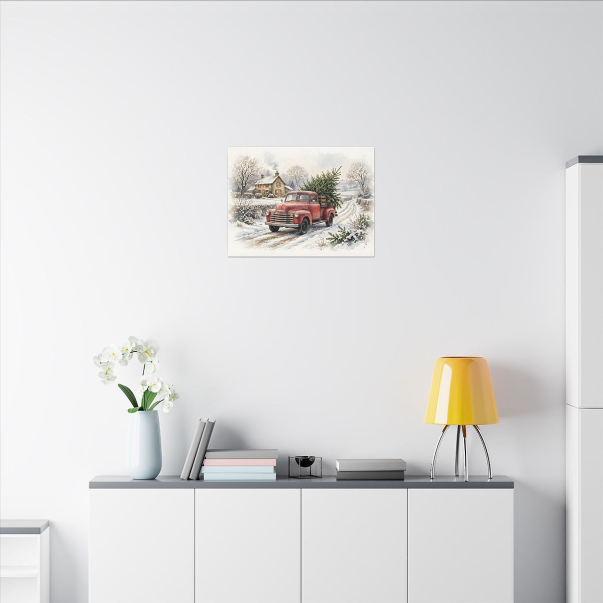 Vintage Red Truck with Christmas Tree Canvas Wall Art – Style 2