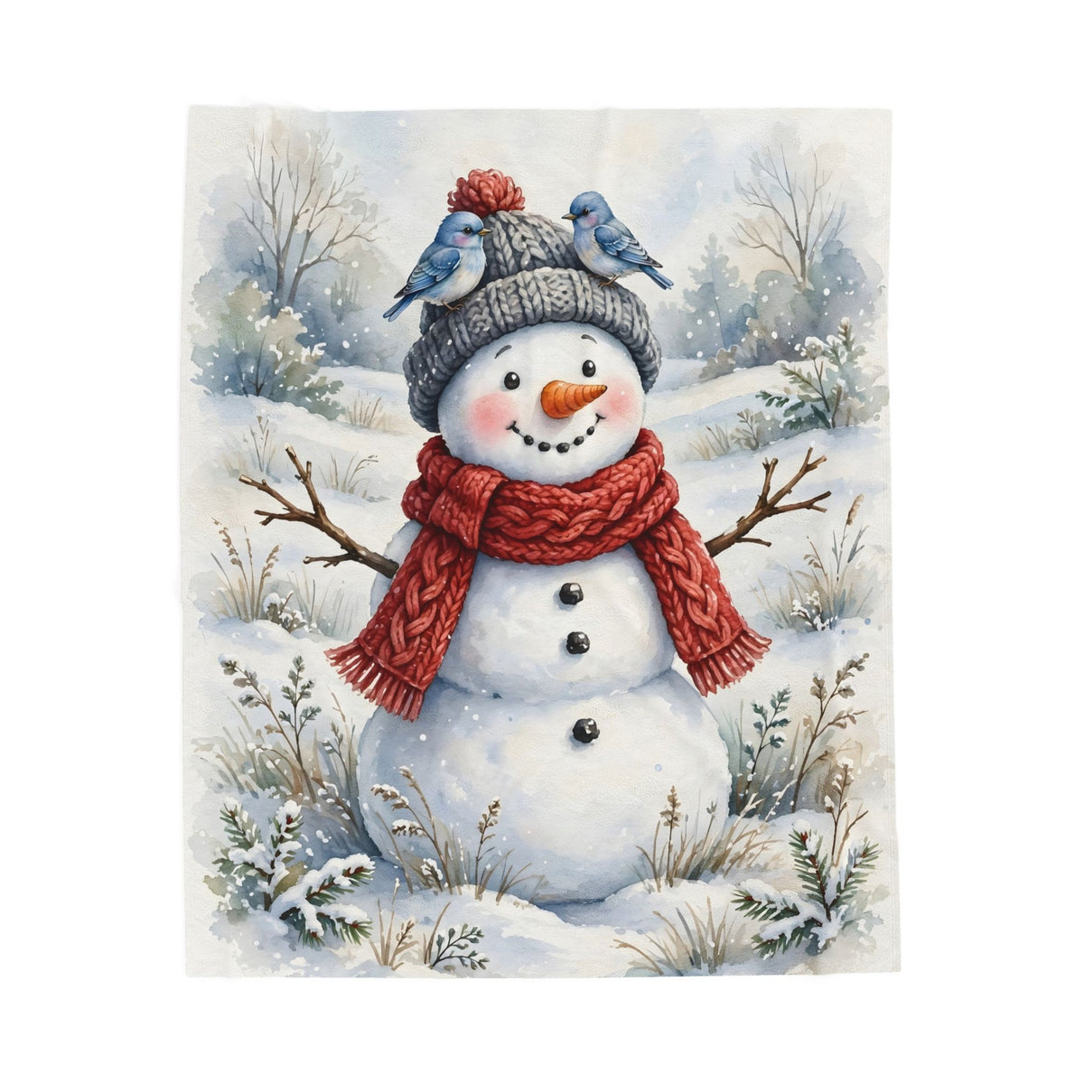 Winter Snowman and Bluebirds Velveteen Plush Blanket – Style 2