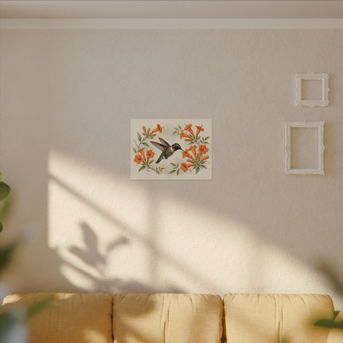 Hummingbird and Trumpet Flowers Canvas Wall Art