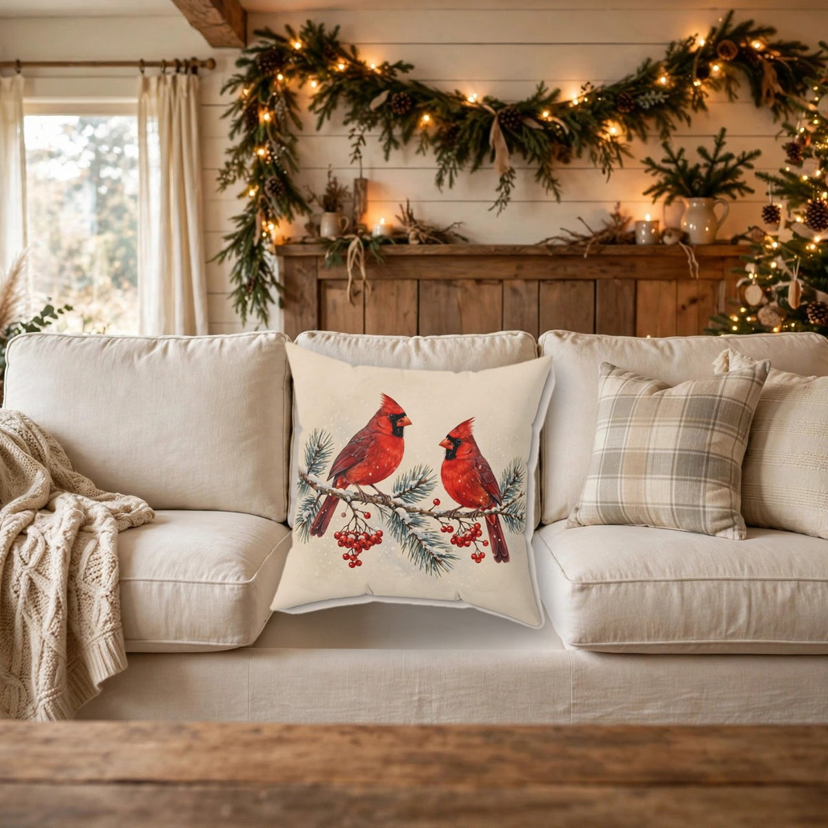 Cardinals on a Snowy Pine Branch Throw Pillow on a cozy sofa