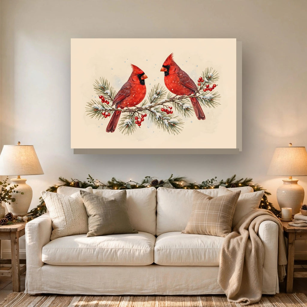 Cardinals on a Snowy Pine Branch Canvas Wall Art hanging above a sofa