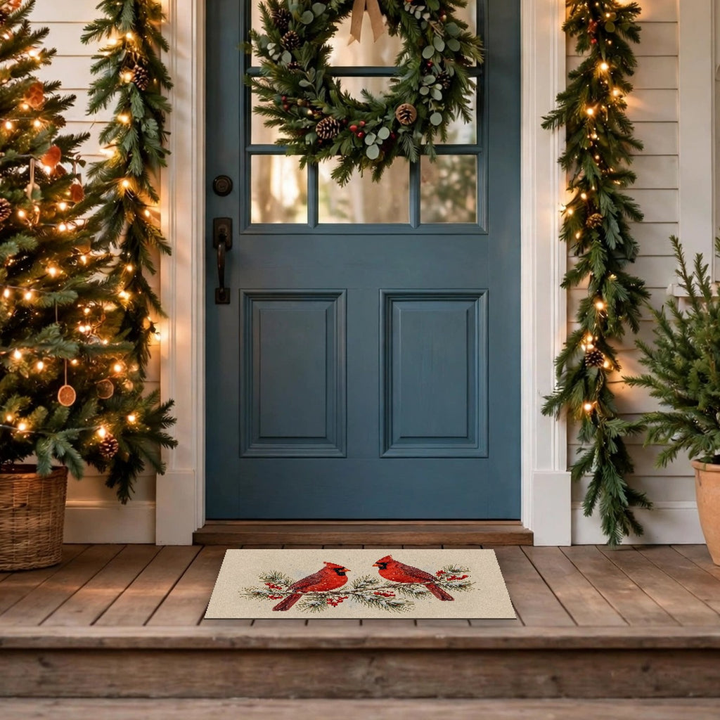 Cardinals on a Snowy Pine Branch Doormat at a front door
