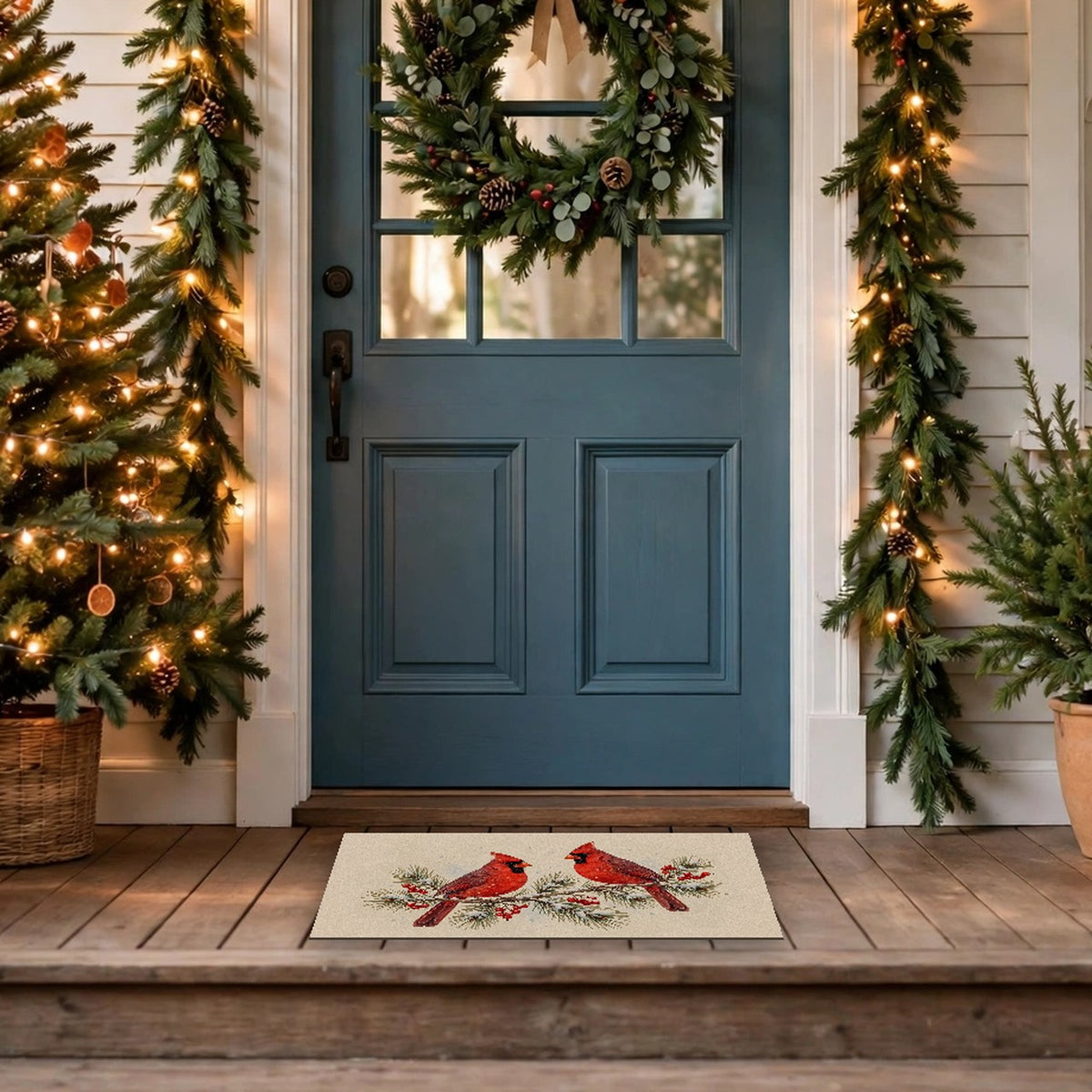 Cardinals on a Snowy Pine Branch Doormat at a front door