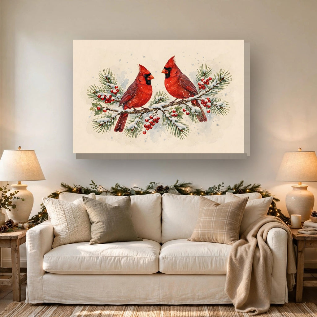 Cardinals on a Snowy Pine Branch Canvas Wall Art – Style 2 hanging above a sofa