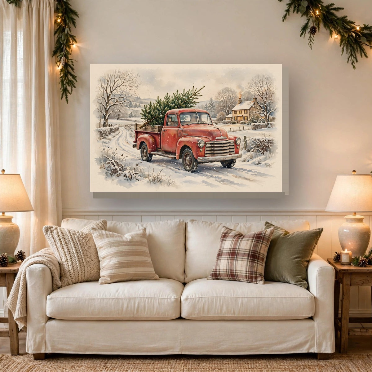 Vintage Red Truck with Christmas Tree Canvas Wall Art hanging above a sofa