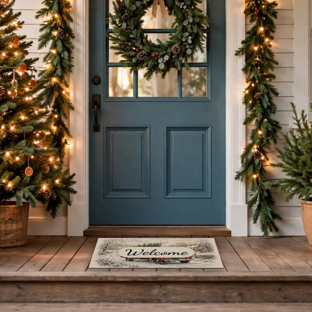 Vintage Red Truck with Christmas Tree Welcome Doormat at a front door