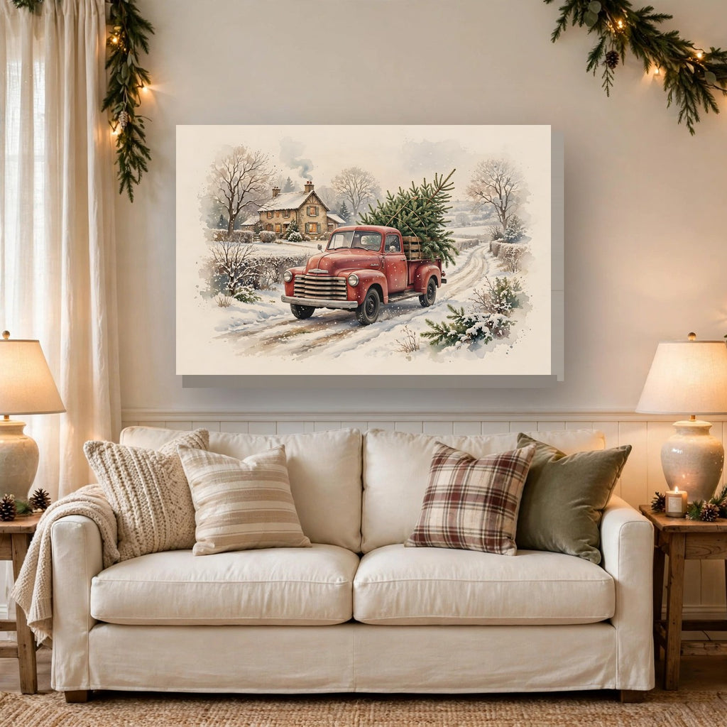 Vintage Red Truck with Christmas Tree Canvas Wall Art – Style 2 hanging above a sofa