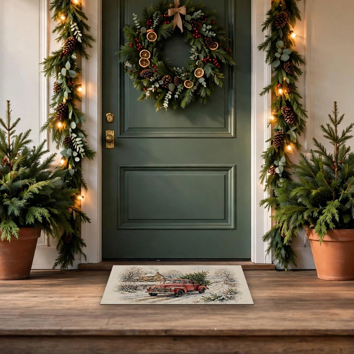 Vintage Red Truck with Christmas Tree Doormat – Style 2 at a front door