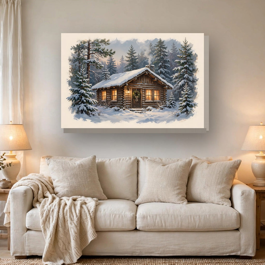 Snowy Cabin at Christmas Eve Canvas Wall Art hanging above a sofa