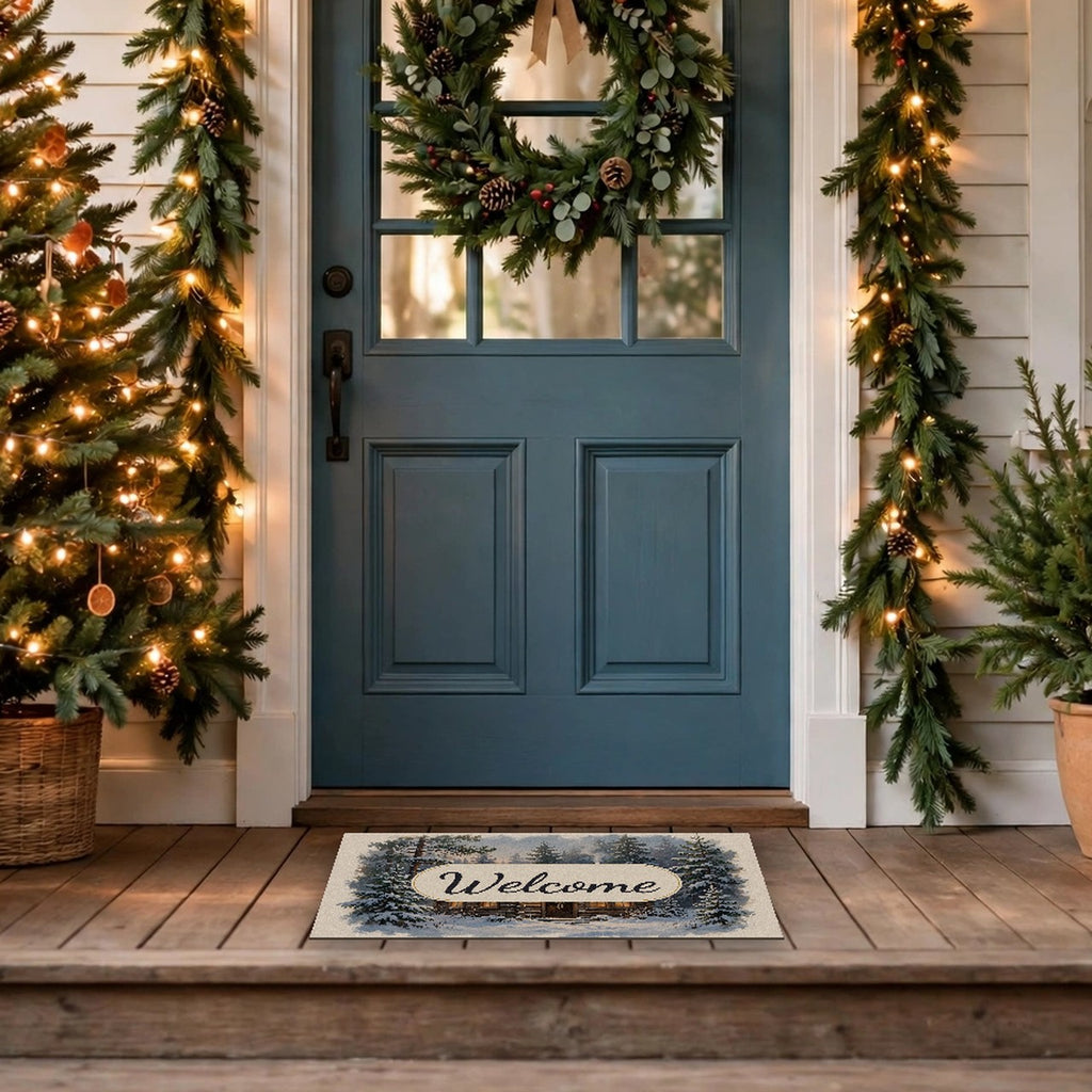 Snowy Cabin at Christmas Eve Welcome Doormat at a front door