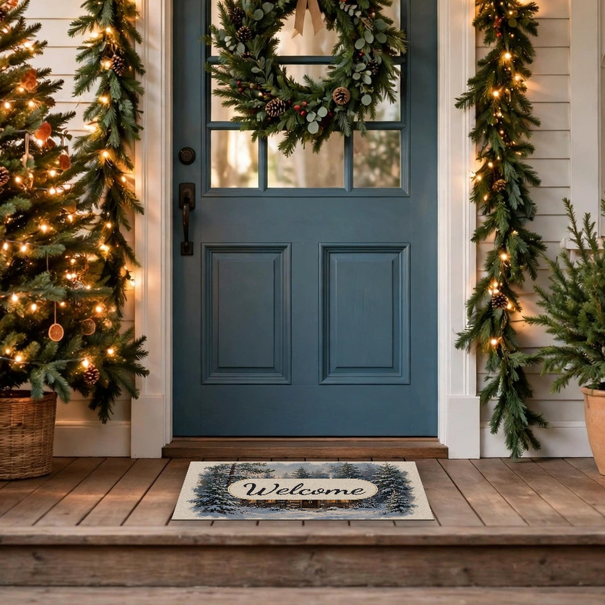 Snowy Cabin at Christmas Eve Welcome Doormat at a front door