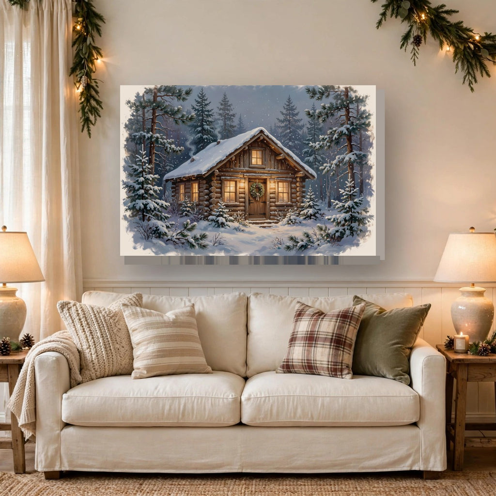 Snowy Cabin at Christmas Eve Canvas Wall Art – Style 2 hanging above a sofa