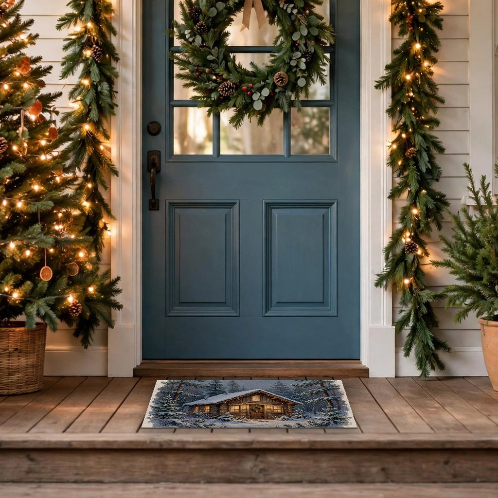 Snowy Cabin at Christmas Eve Doormat – Style 2 at a front door