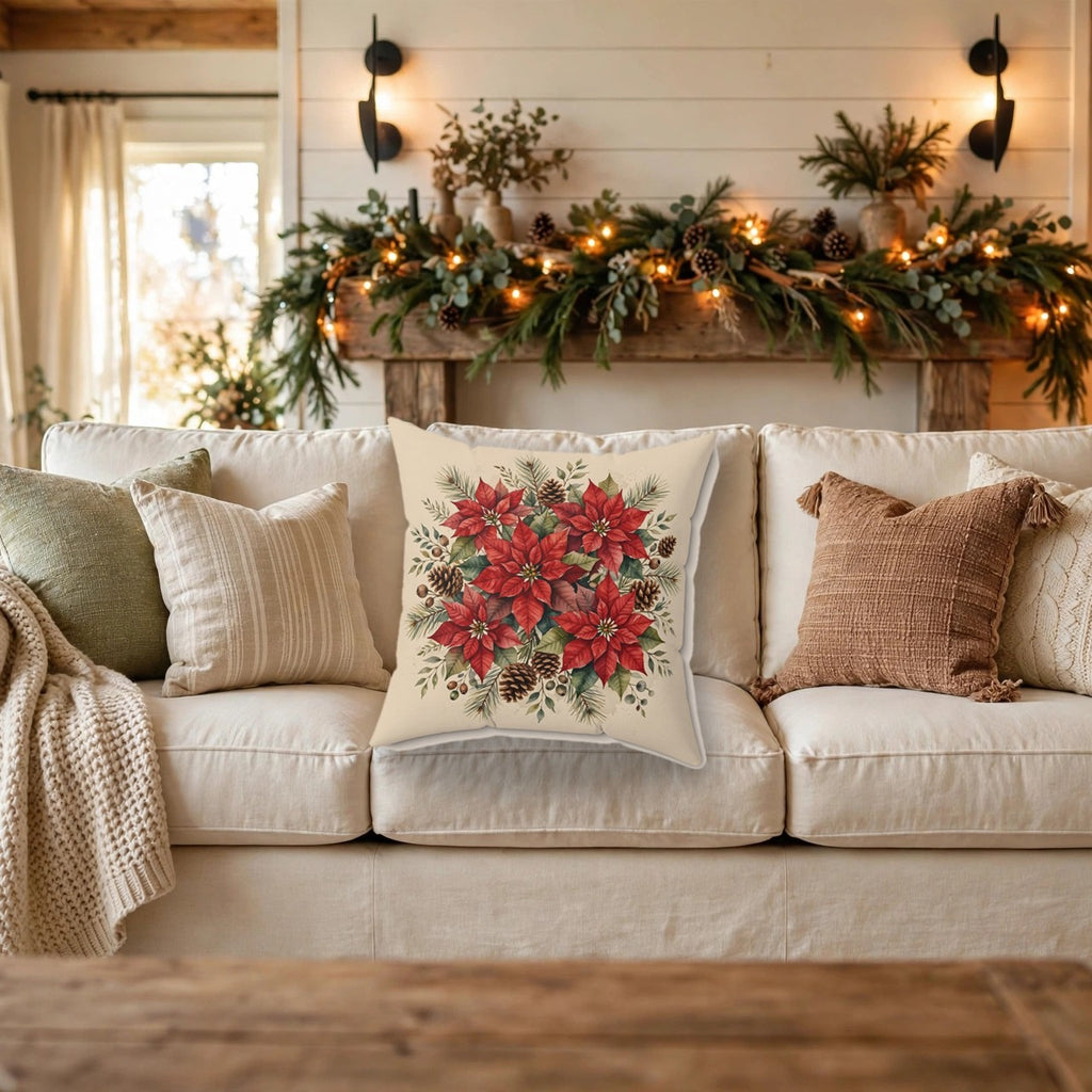 Poinsettia Watercolor Bouquet Throw Pillow on a cozy sofa