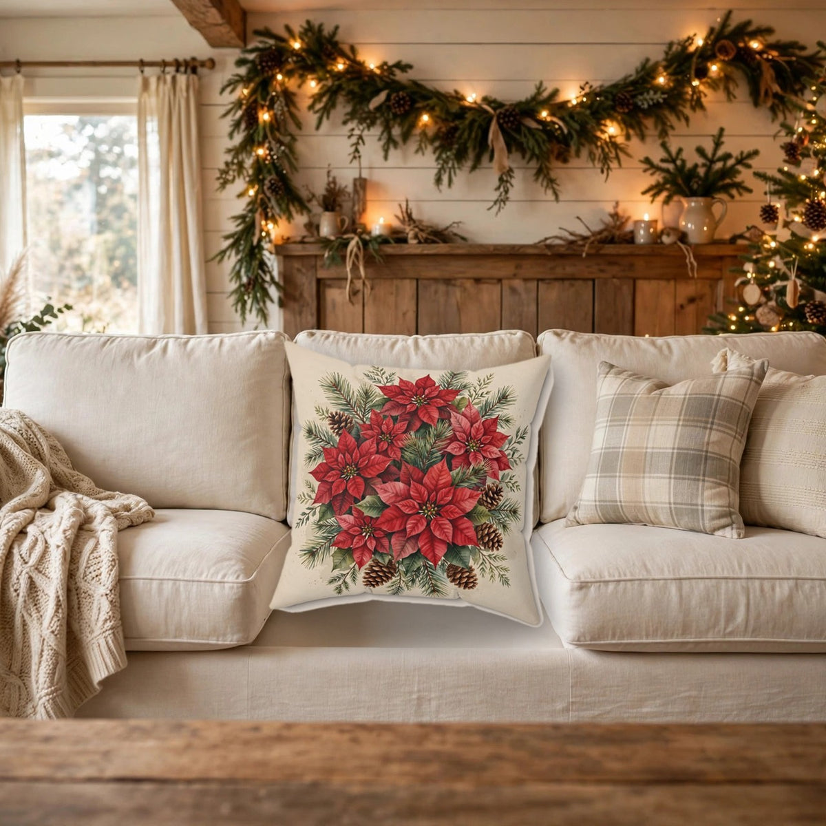 Poinsettia Watercolor Bouquet Throw Pillow – Style 2 on a cozy sofa
