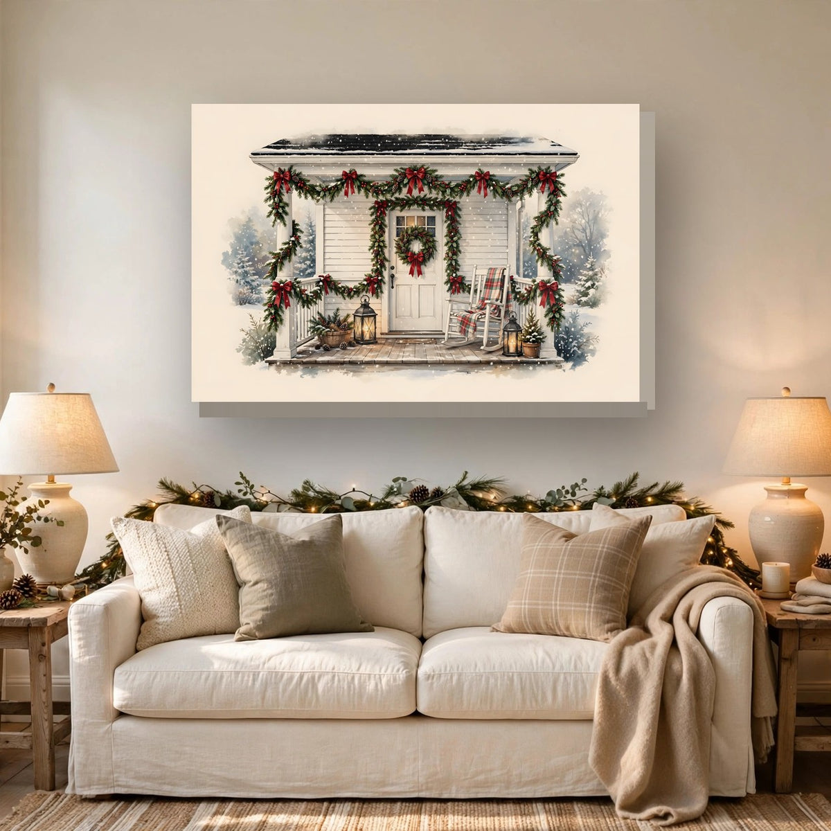 Farmhouse Christmas Porch Canvas Wall Art hanging above a sofa
