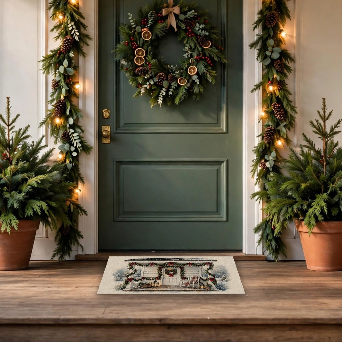 Farmhouse Christmas Porch Doormat at a front door