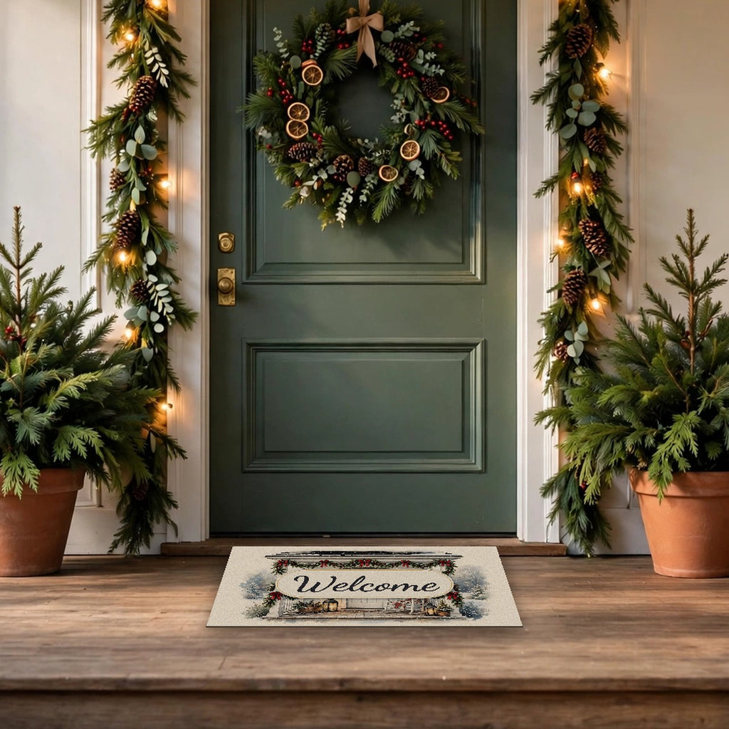 Farmhouse Christmas Porch Welcome Doormat at a front door