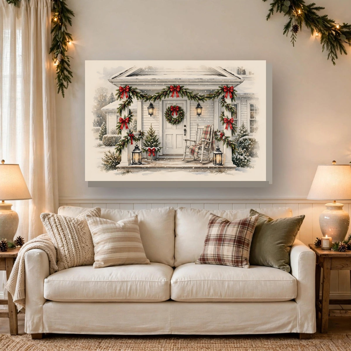 Farmhouse Christmas Porch Canvas Wall Art – Style 2 hanging above a sofa