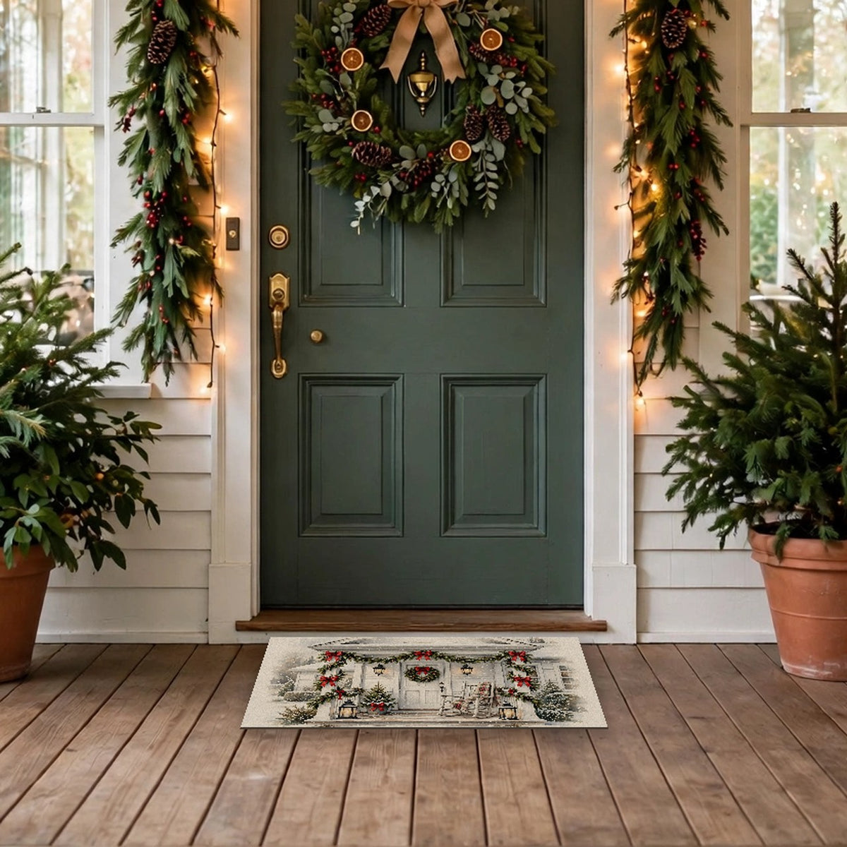 Farmhouse Christmas Porch Doormat – Style 2 at a front door