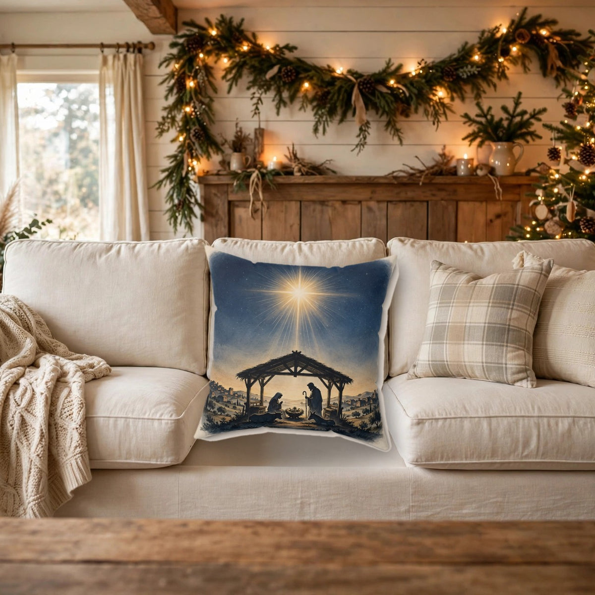 Holy Night Nativity Throw Pillow on a cozy sofa