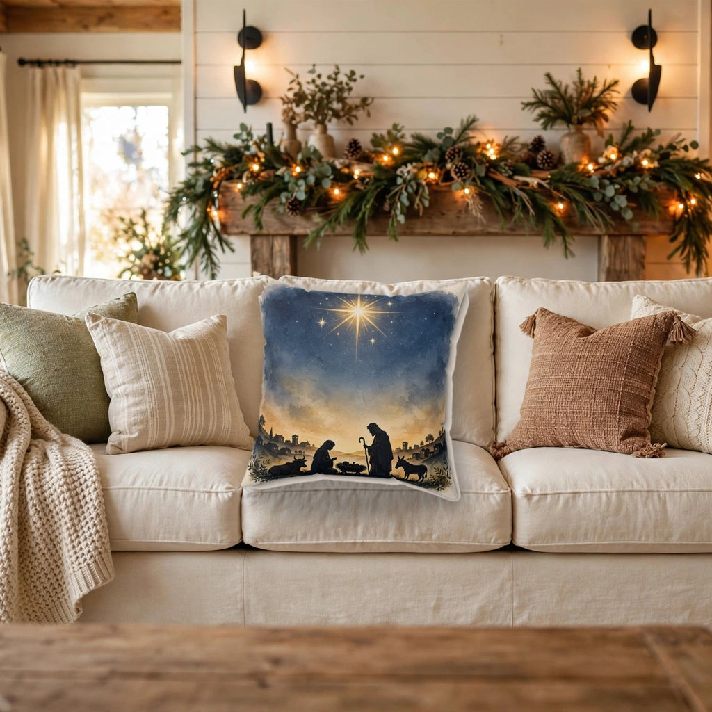 Holy Night Nativity Throw Pillow – Style 2 on a cozy sofa