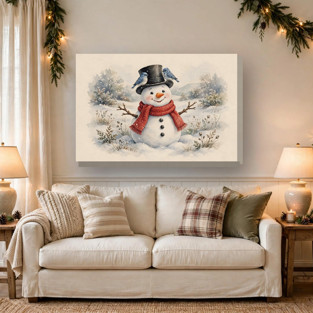 Winter Snowman and Bluebirds Canvas Wall Art hanging above a sofa