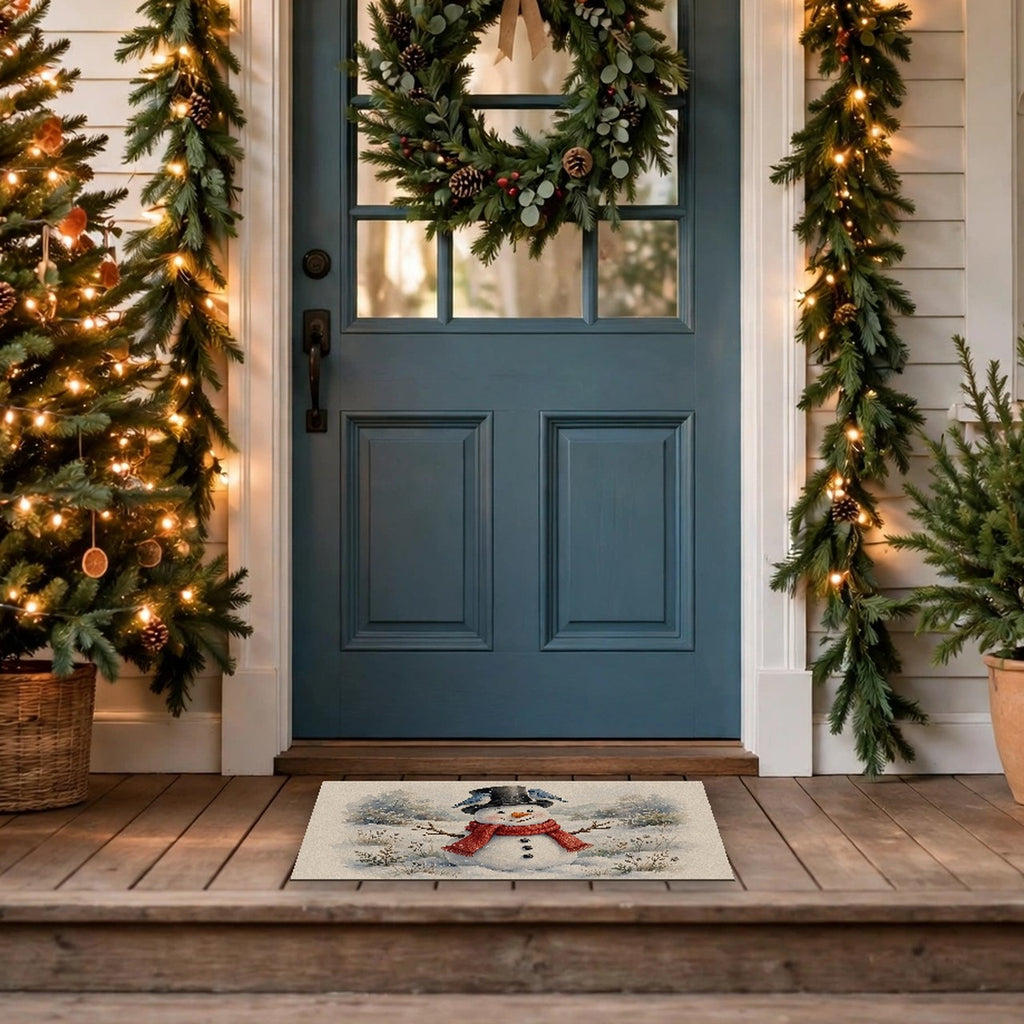 Winter Snowman and Bluebirds Doormat at a front door