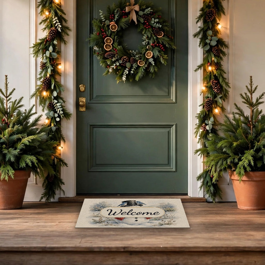 Winter Snowman and Bluebirds Welcome Doormat at a front door