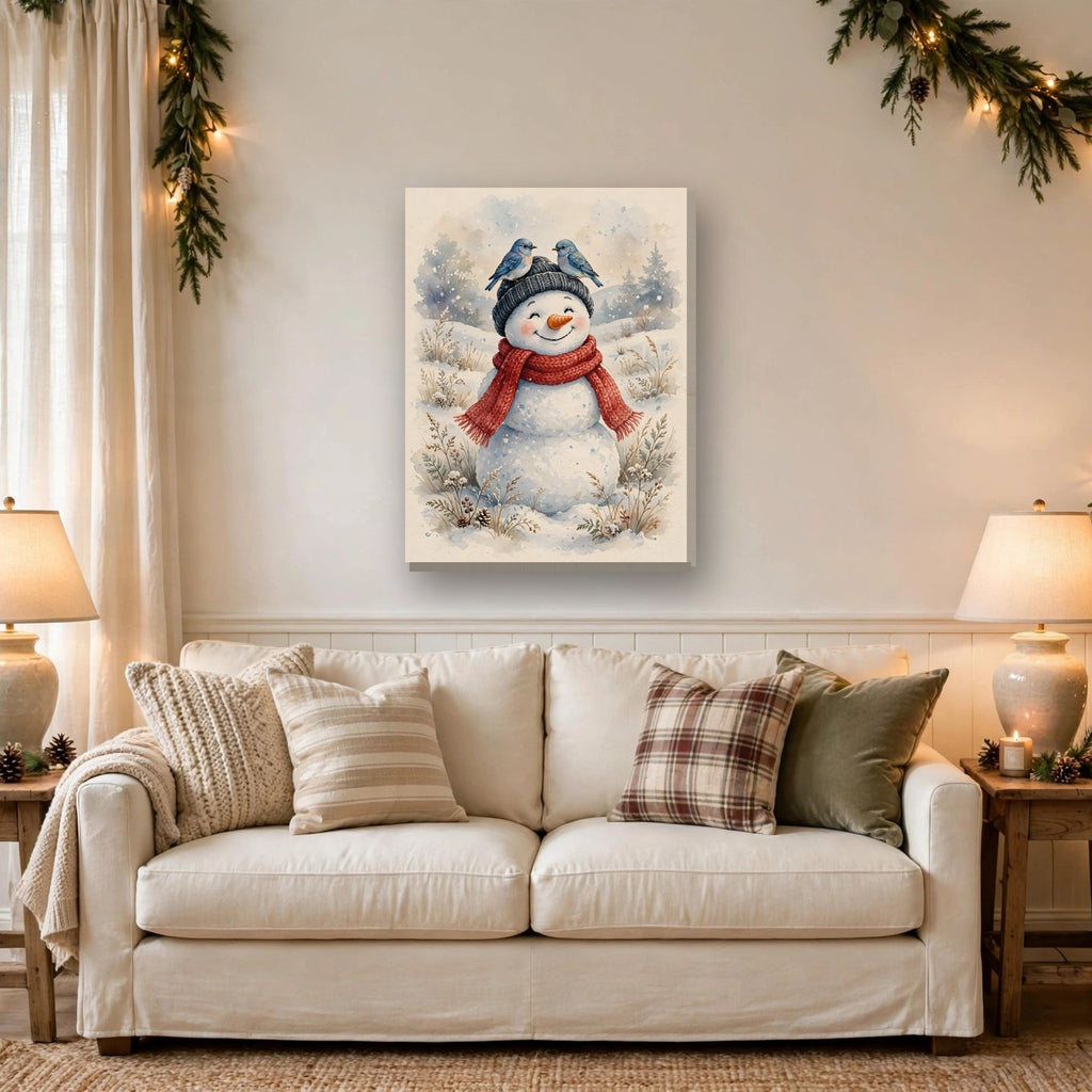 Winter Snowman and Bluebirds Canvas Wall Art – Style 2 hanging above a sofa