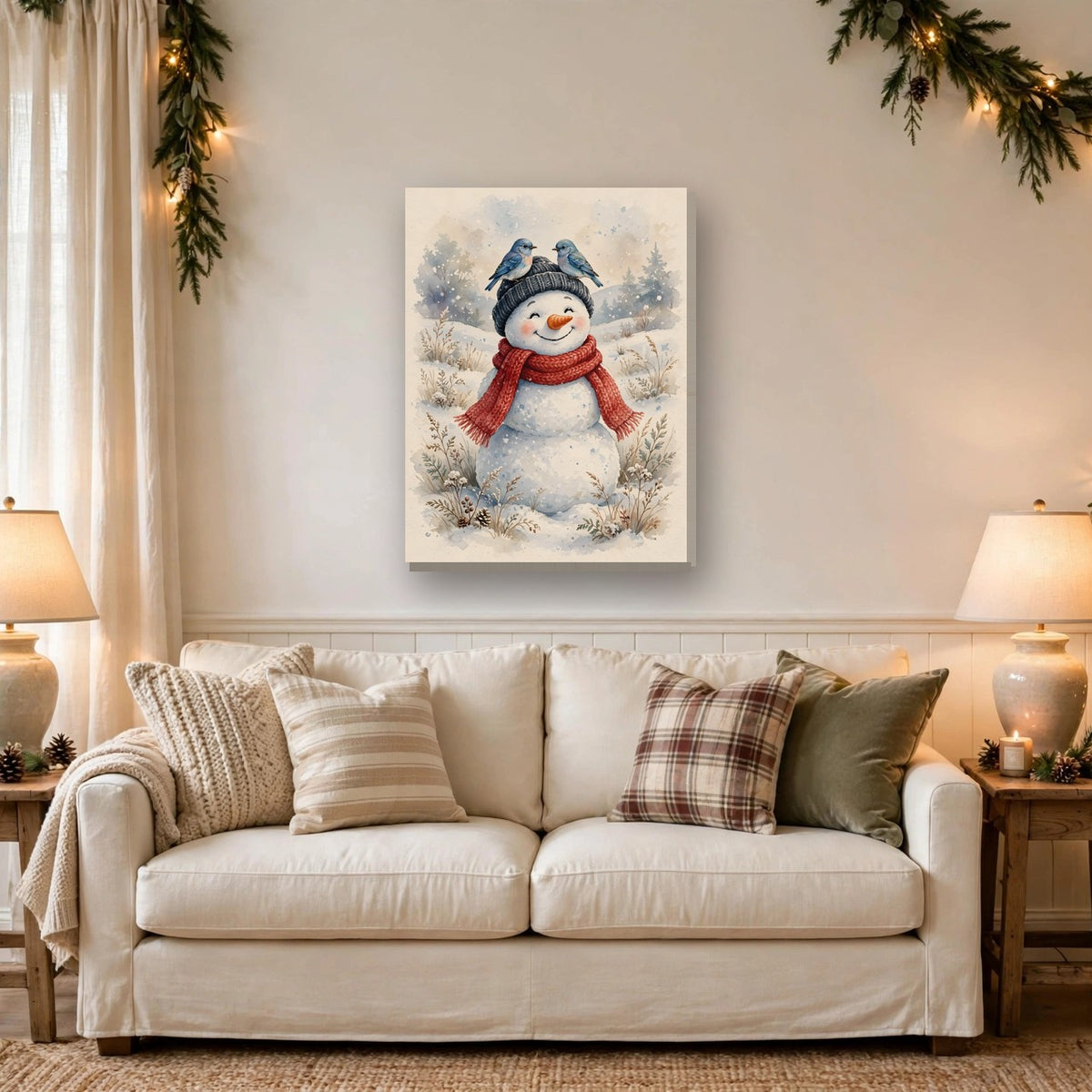 Winter Snowman and Bluebirds Canvas Wall Art – Style 2 hanging above a sofa