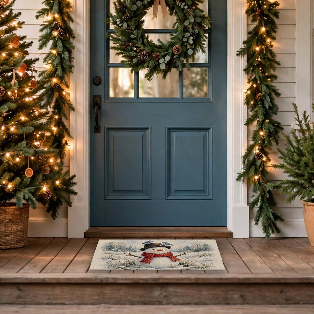 Winter Snowman and Bluebirds Doormat – Style 2 at a front door