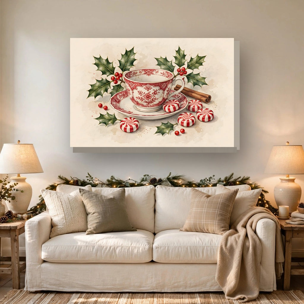 Christmas Teacup with Peppermints Canvas Wall Art hanging above a sofa