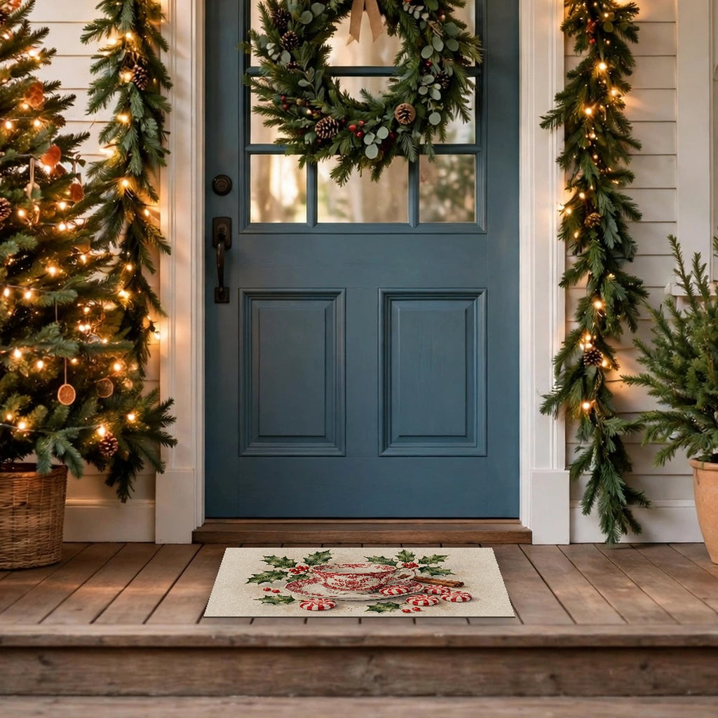Christmas Teacup with Peppermints Doormat at a front door