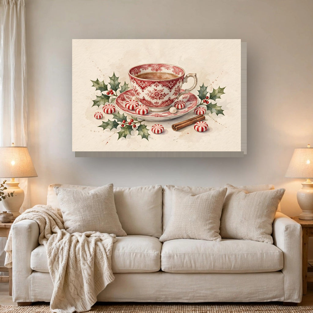 Christmas Teacup with Peppermints Canvas Wall Art – Style 2 hanging above a sofa